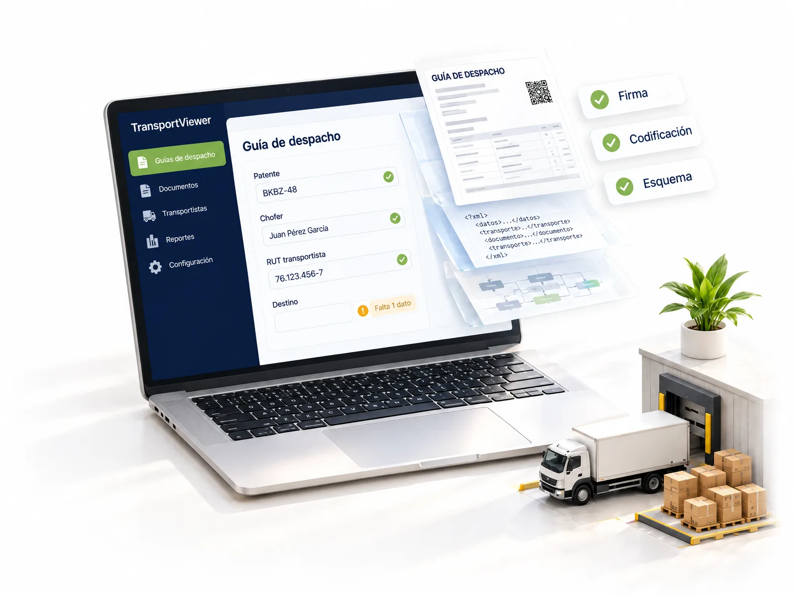 Notebook con TransportViewer abierto: la guía de despacho con patente, chofer y RUT transportista completos, y la guía separada en firma, codificación y esquema, todos validados