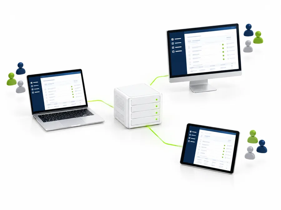 Servidor con TransportViewer web conectado a un notebook, una tablet y un monitor